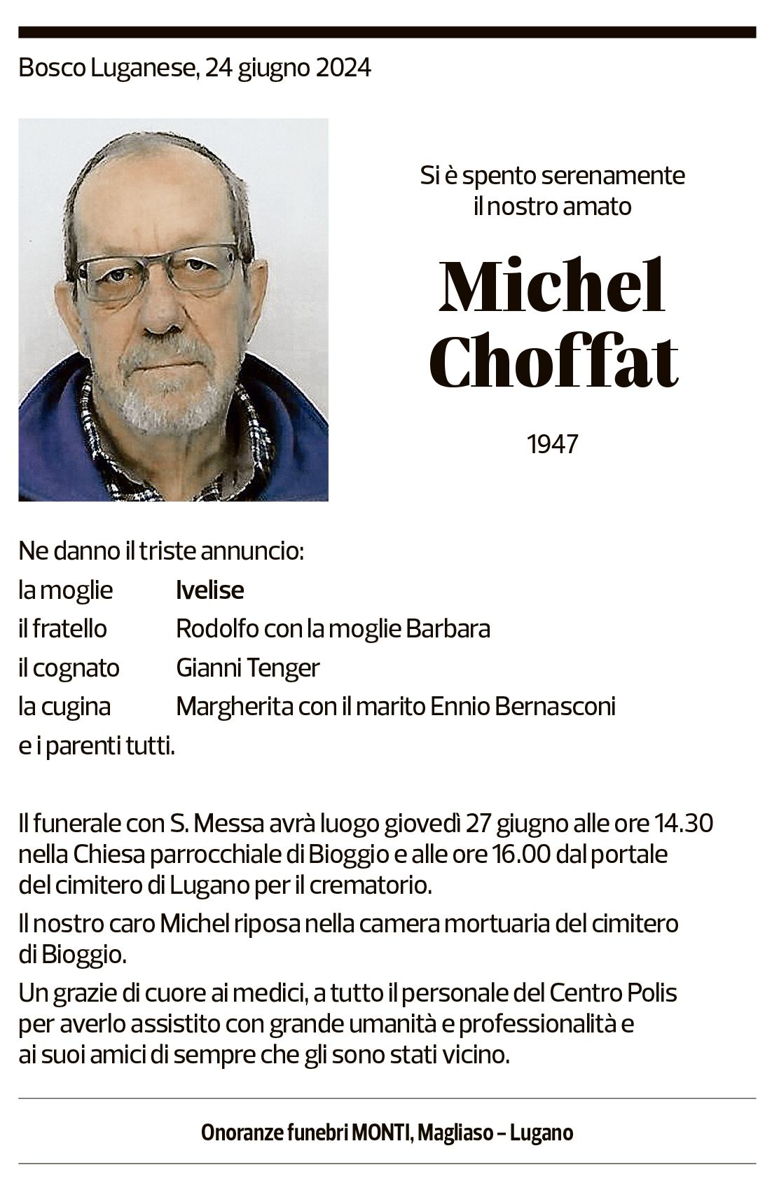 Annuncio funebre Michel Choffat