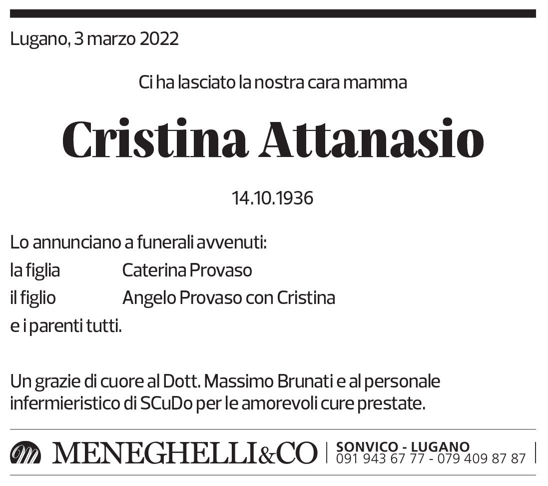 Annuncio funebre Cristina Attanasio