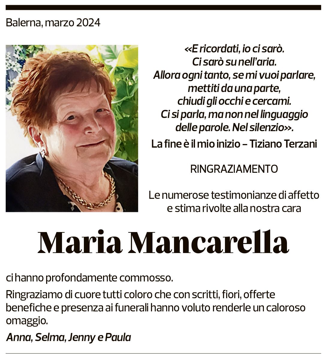 Annuncio funebre Maria Mancarella