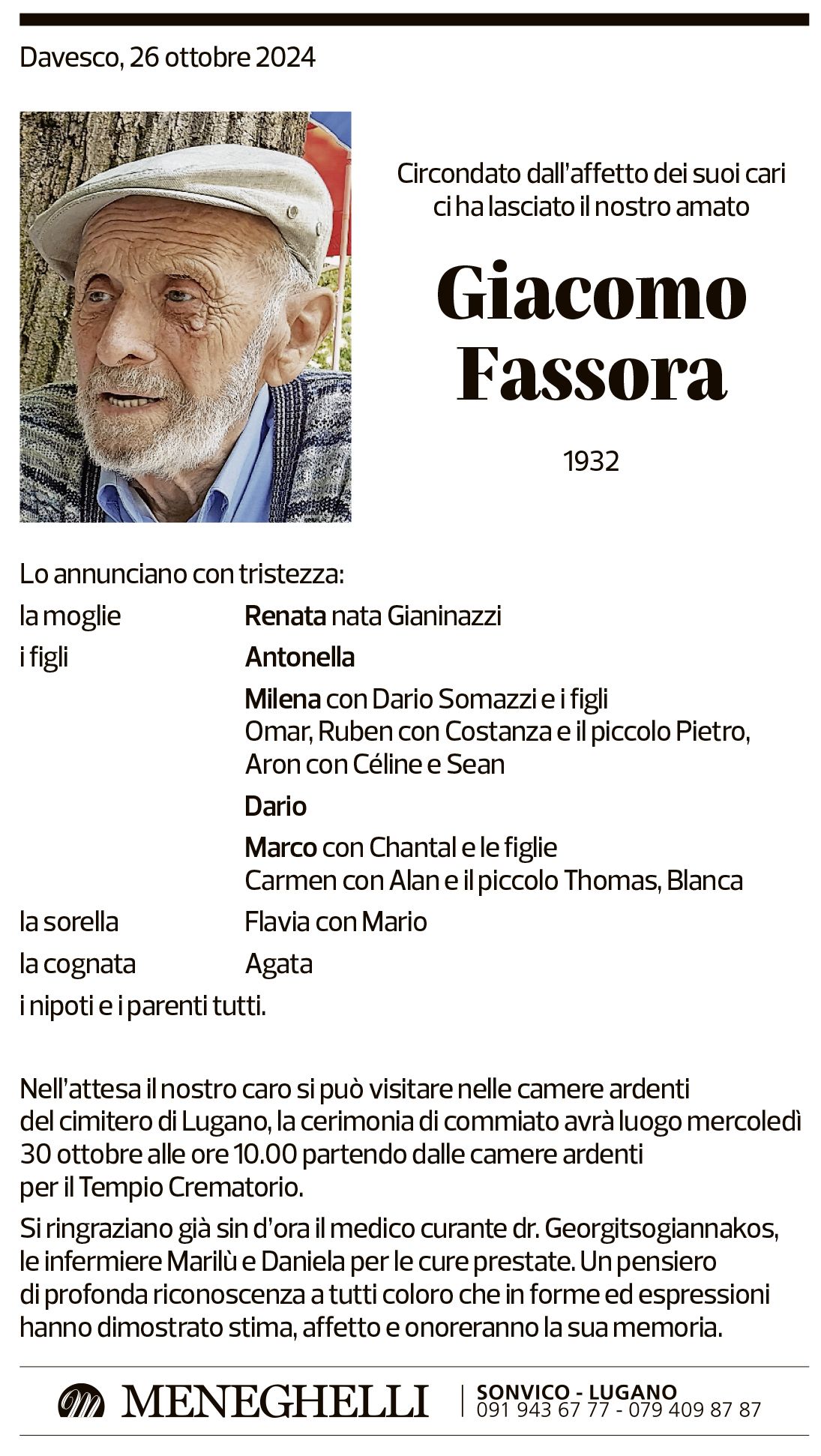 Annuncio funebre Giacomo Fassora