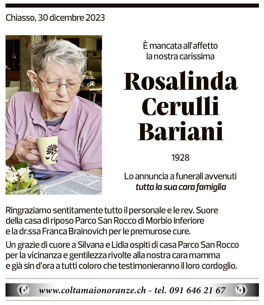 Annuncio funebre Rosalinda Cerulli Bariani