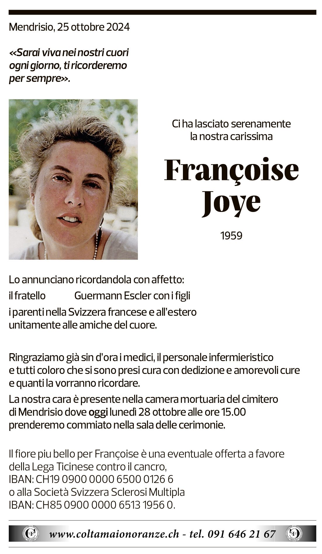 Annuncio funebre Francoise Joye