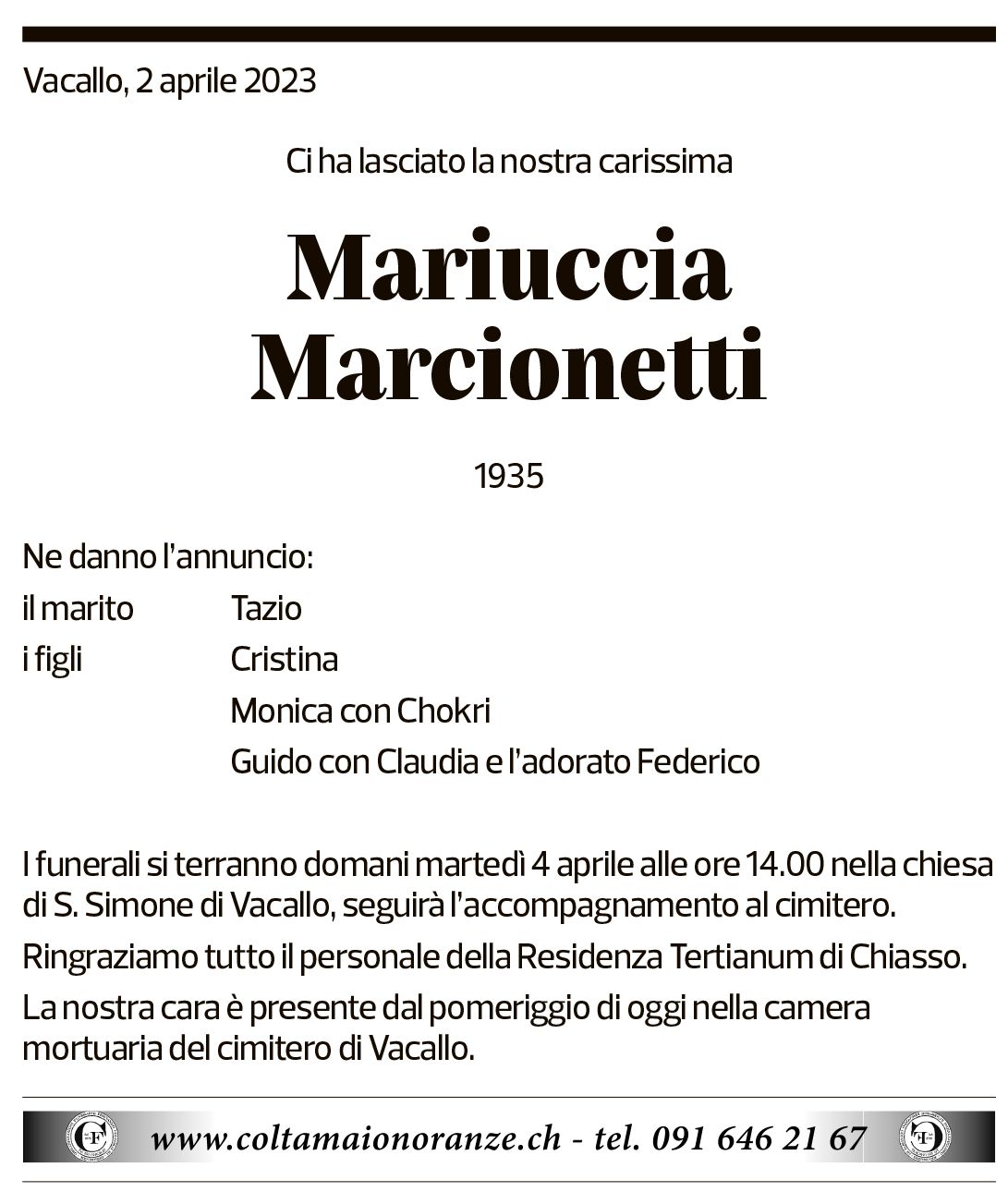 Annuncio funebre Mariuccia Marcionetti