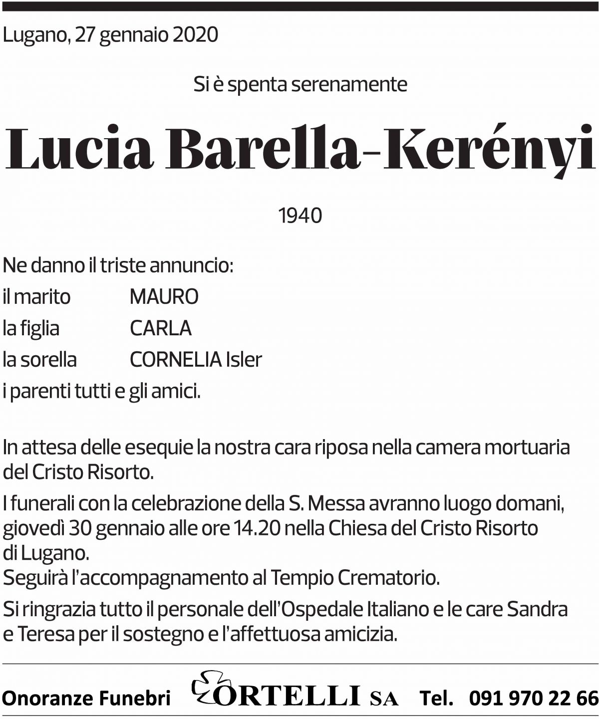 Annuncio funebre Lucia Barella-kerényi