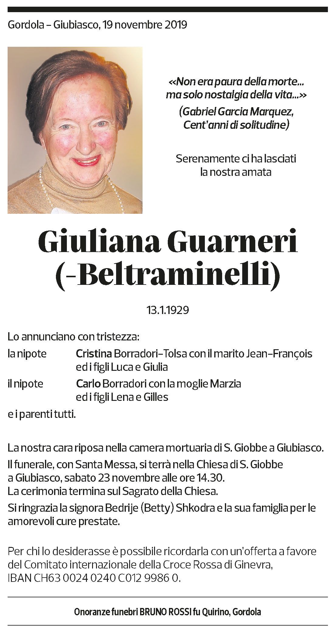 Annuncio funebre Giuliana Guarneri