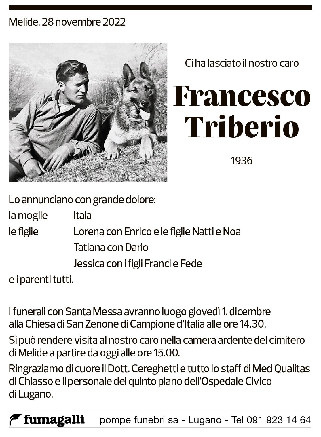 Annuncio funebre Francesco Triberio