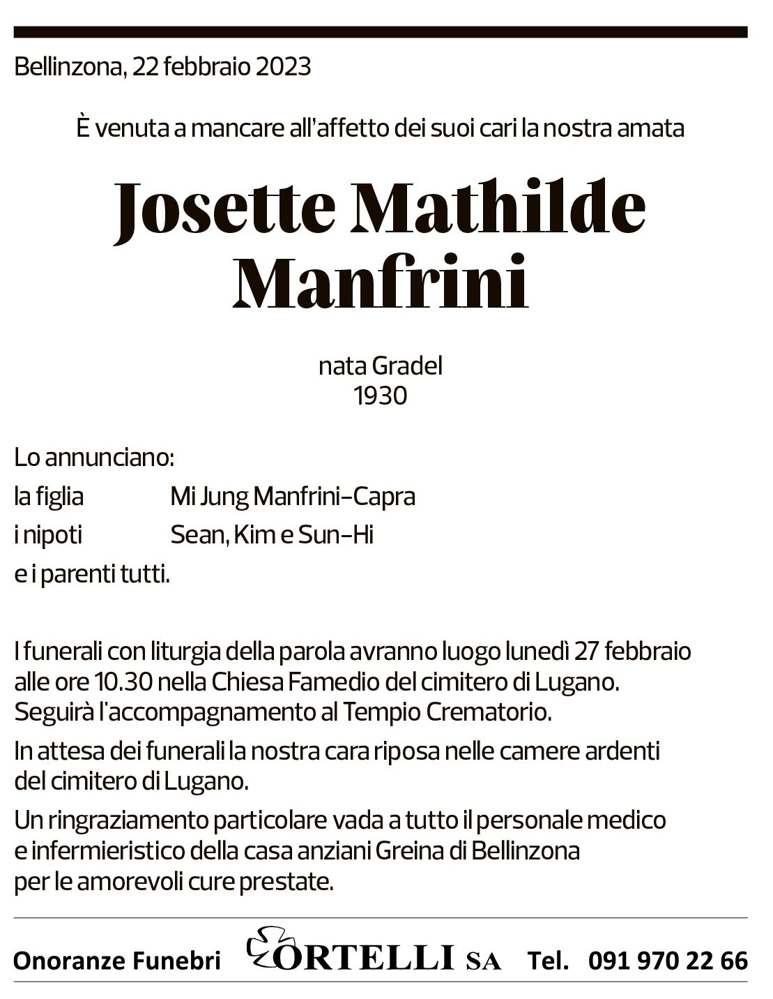 Annuncio funebre Josette Mathilde Manfrini