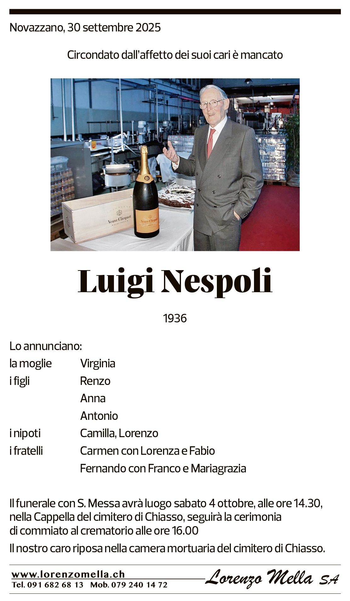 Annuncio funebre Luigi Nespoli