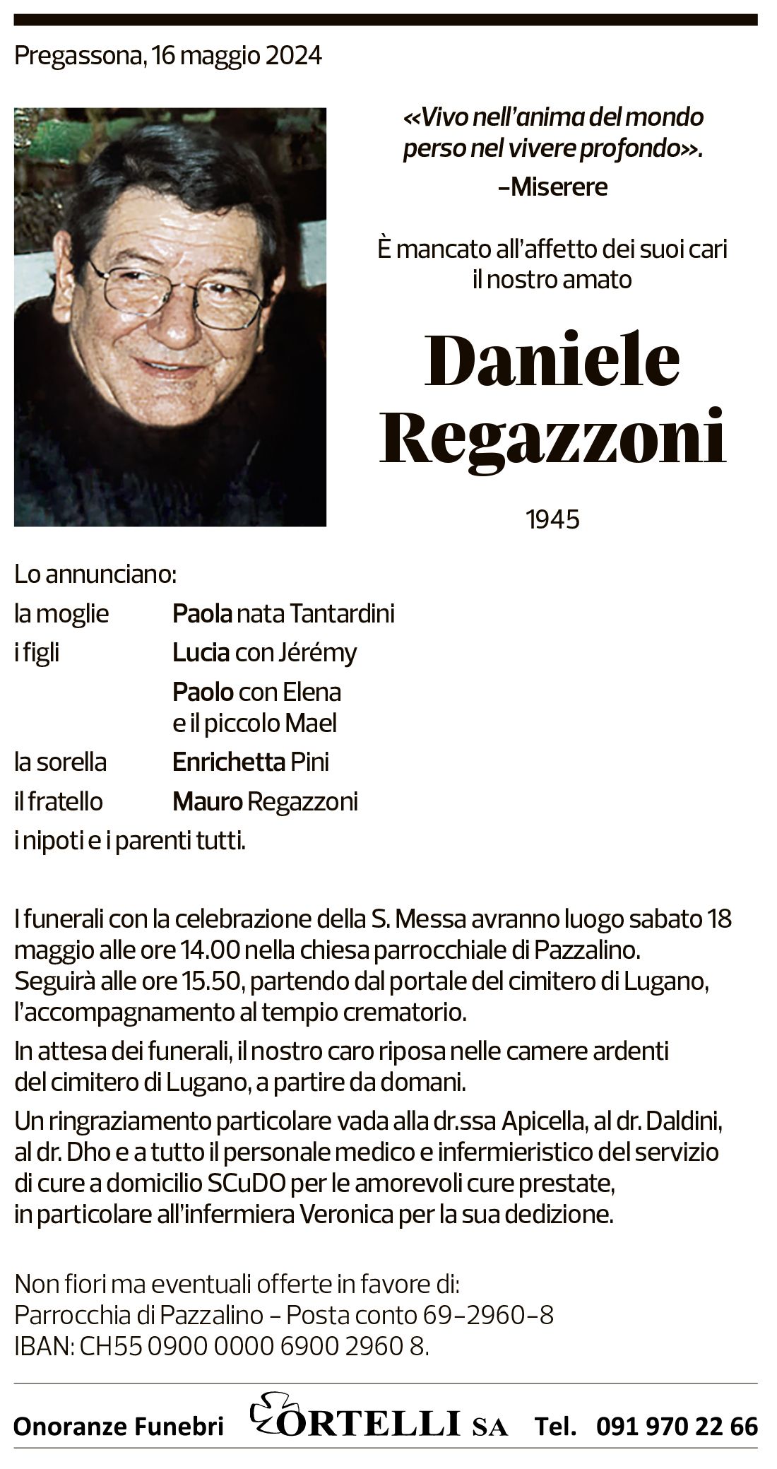 Annuncio funebre Daniele Regazzoni