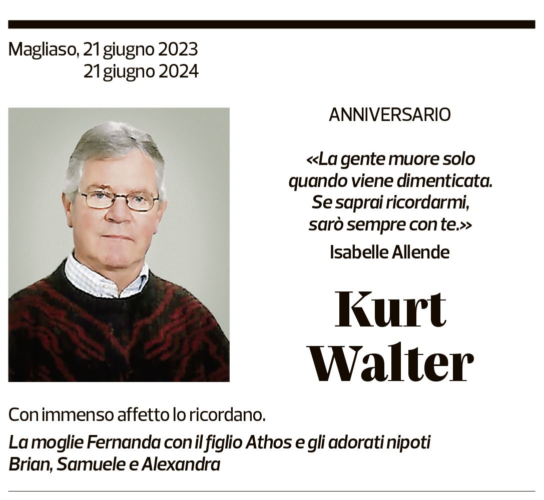 Annuncio funebre Kurt Walter