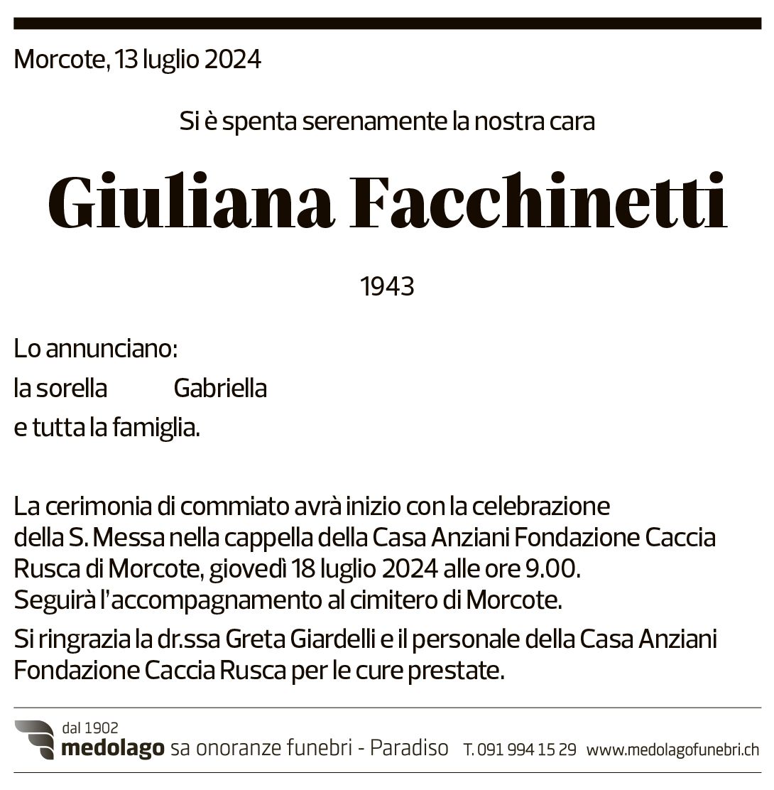 Annuncio funebre Giuliana Facchinetti