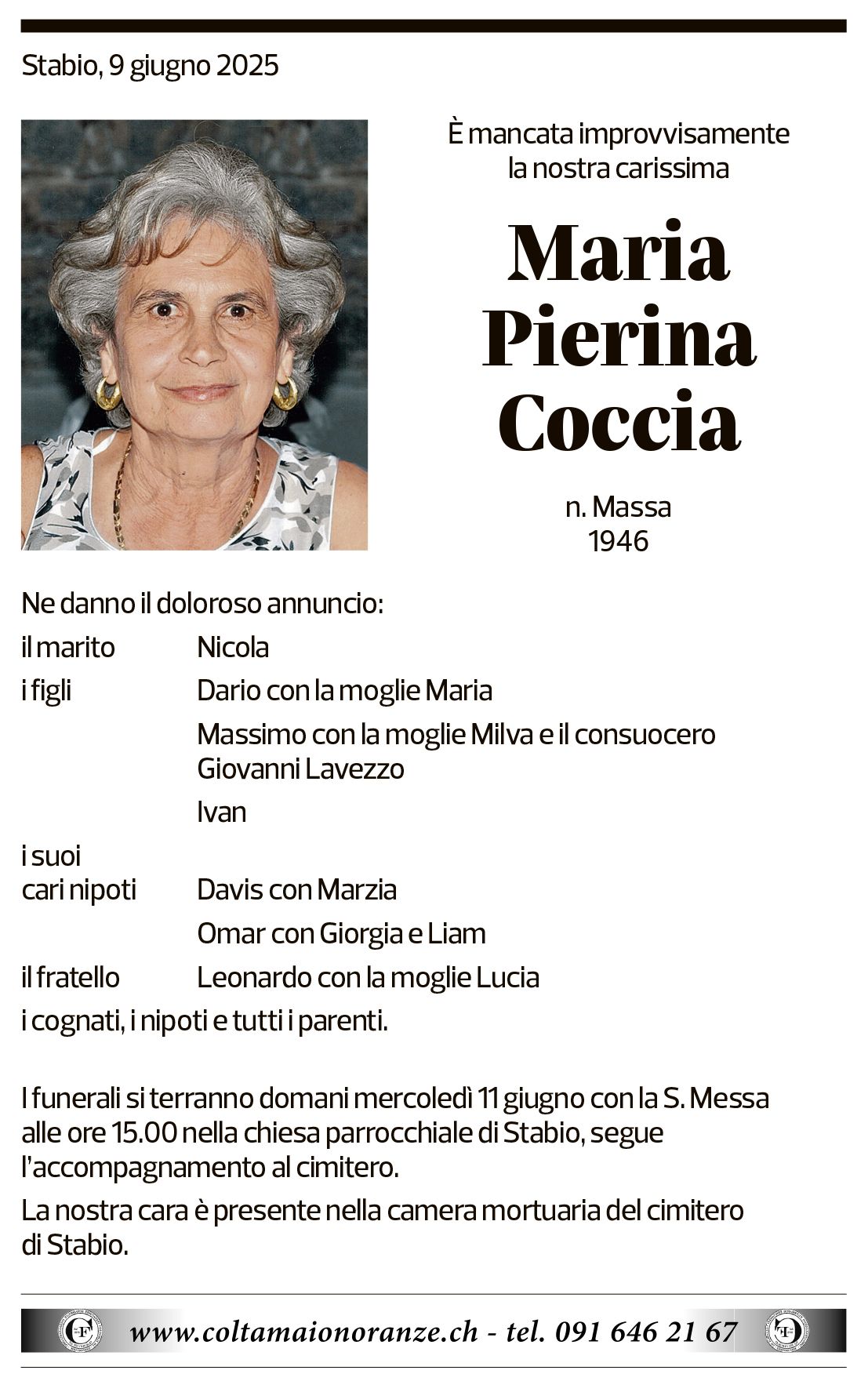 Annuncio funebre Maria Pierina Coccia