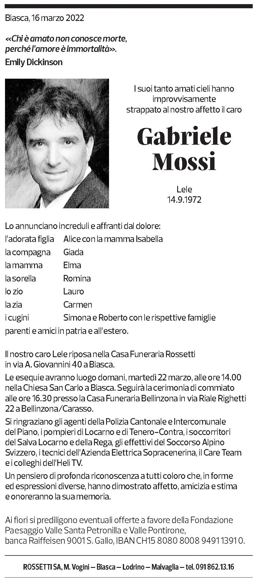 Annuncio funebre Gabriele Mossi