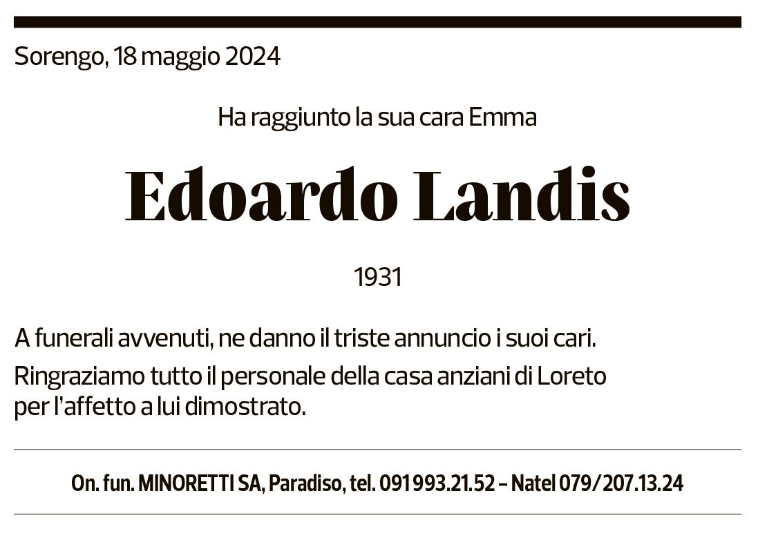 Annuncio funebre Edoardo Landis