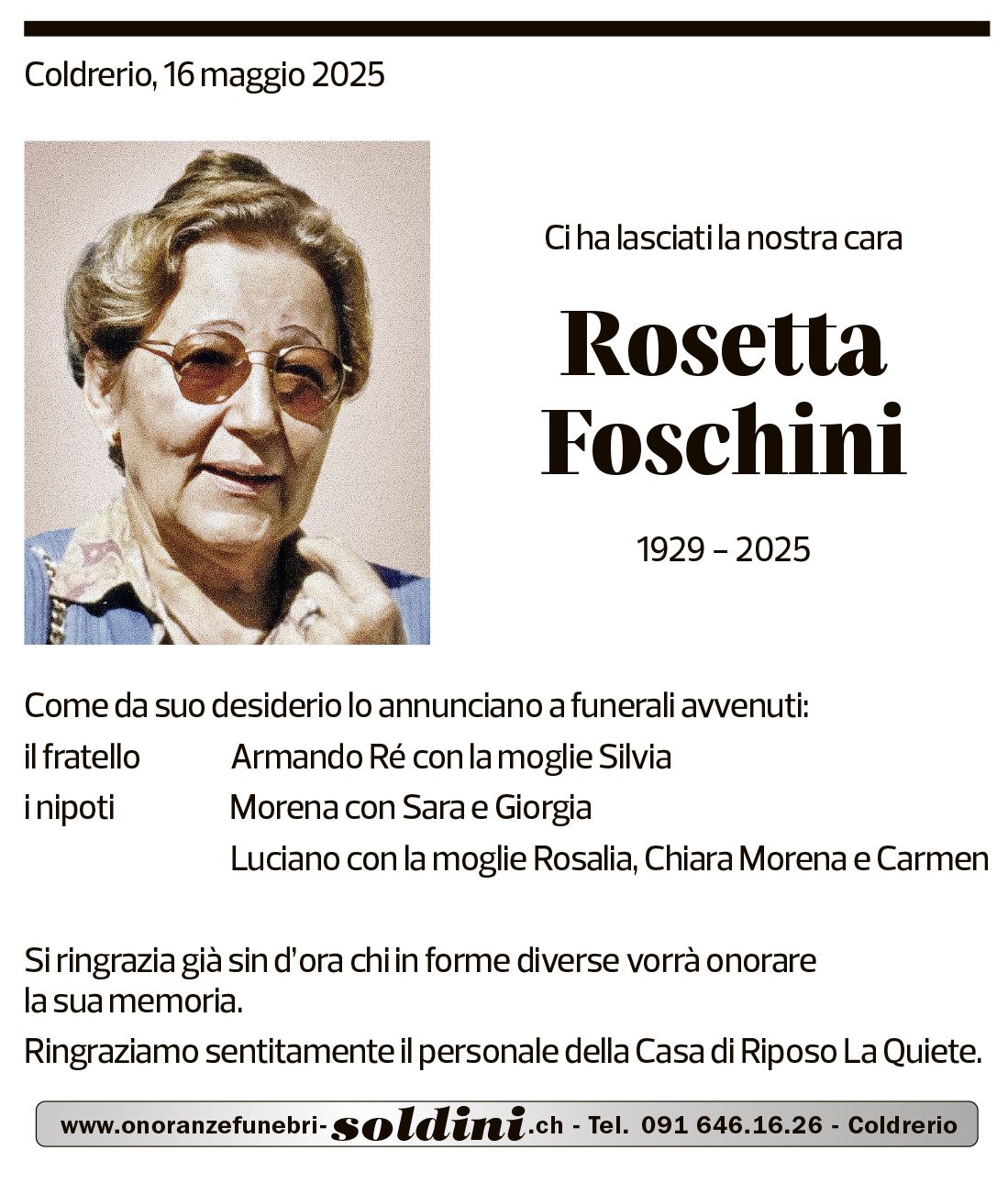 Annuncio funebre Rosetta Foschini