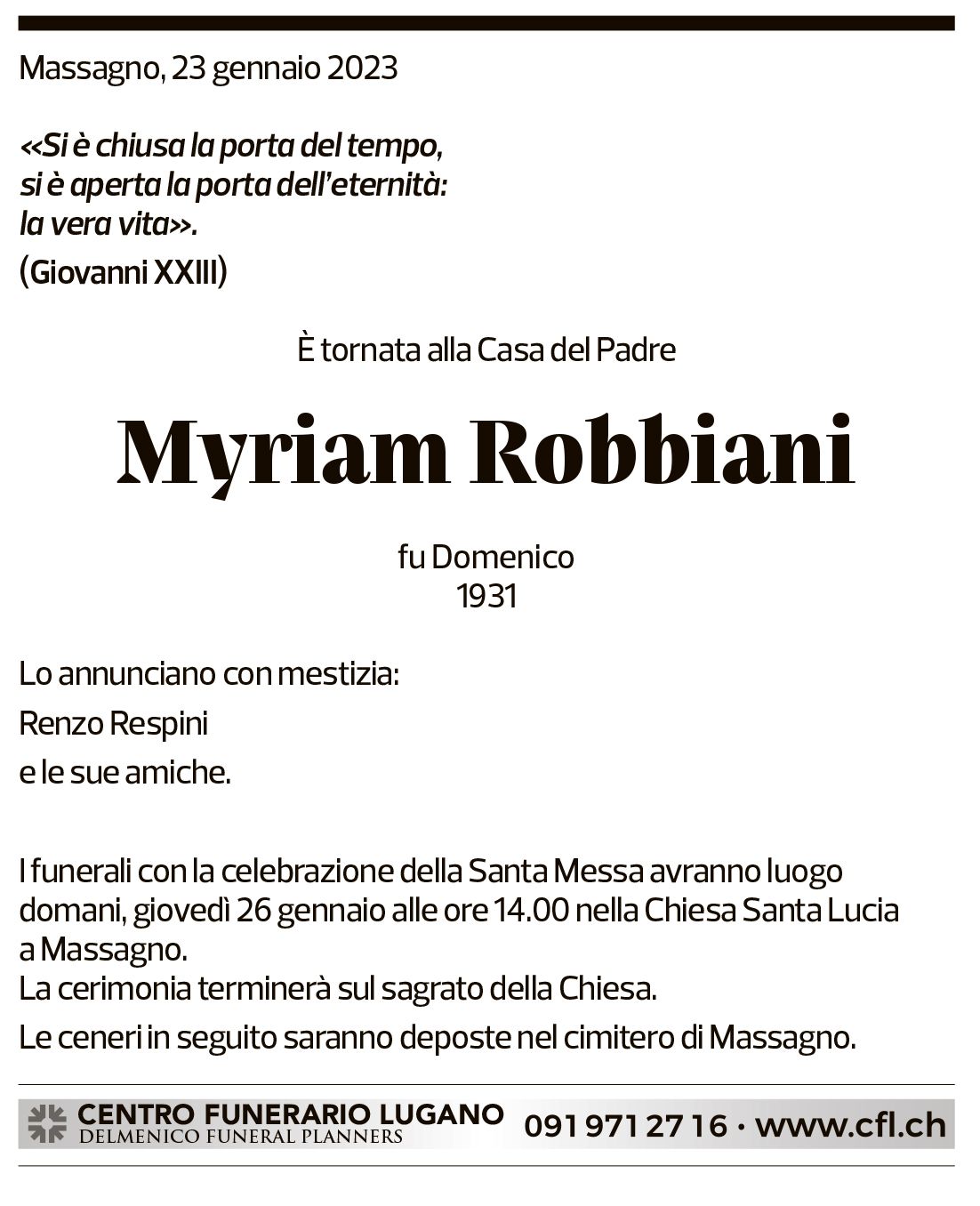 Annuncio funebre Myriam Robbiani