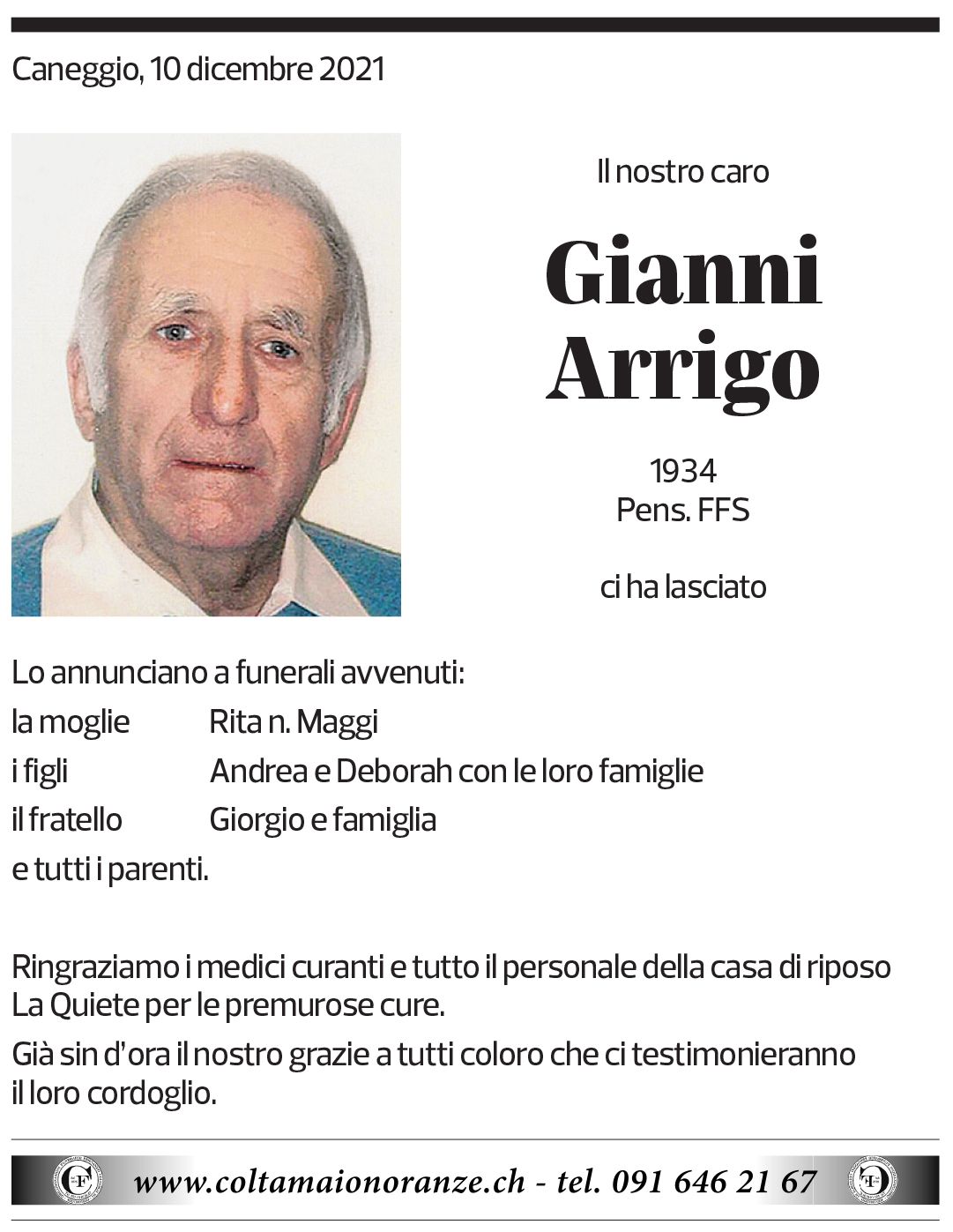 Annuncio funebre Gianni Arrigo