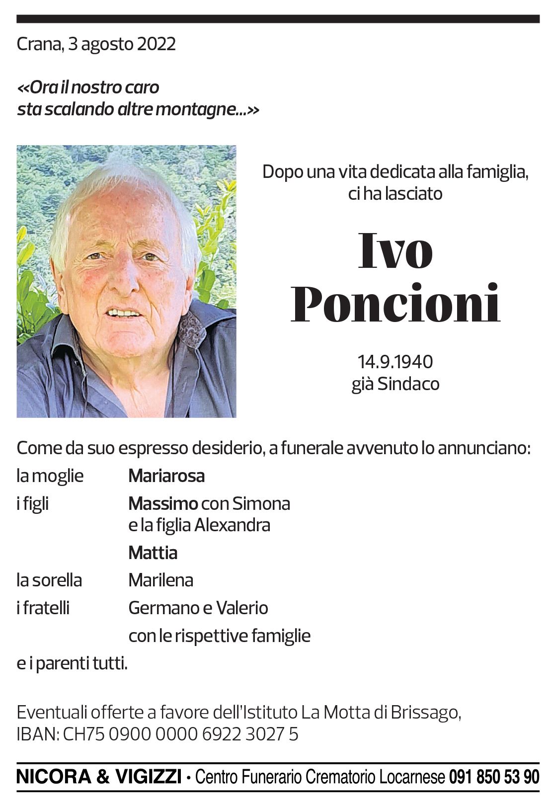 Annuncio funebre Ivo Poncioni