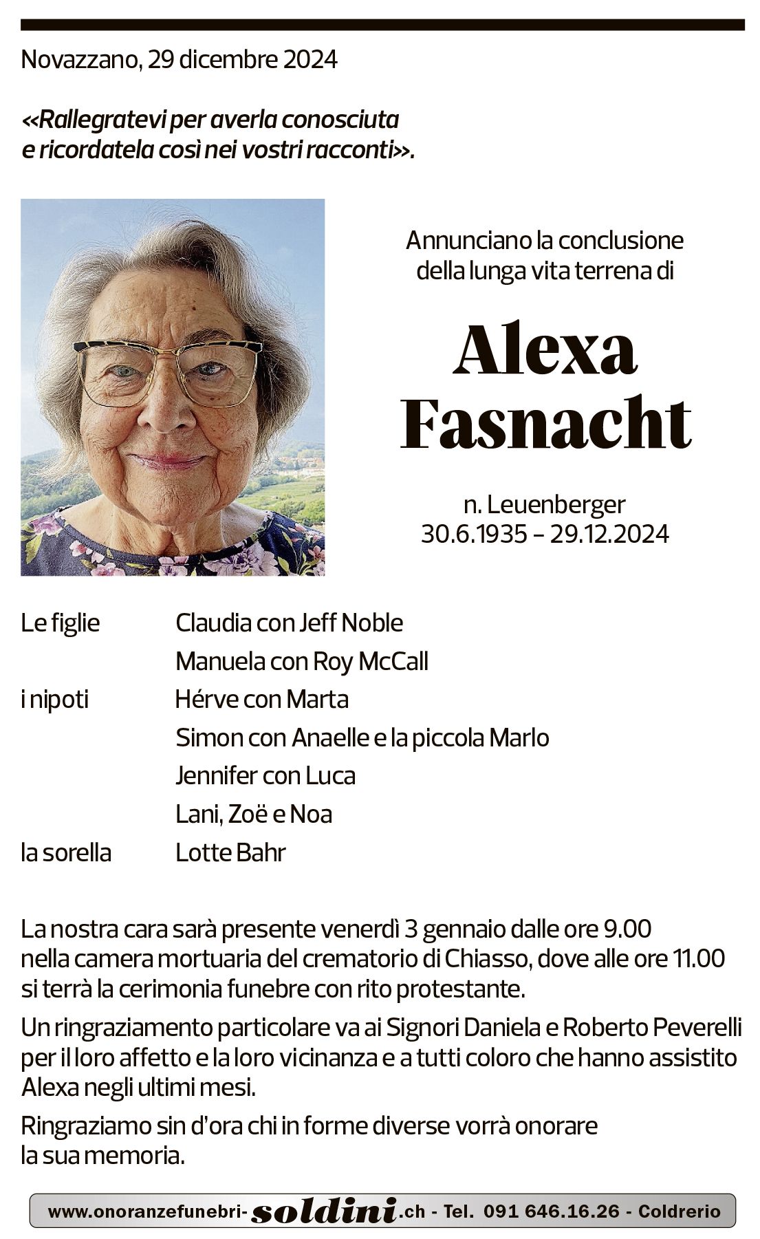 Annuncio funebre Alexa Fasnacht