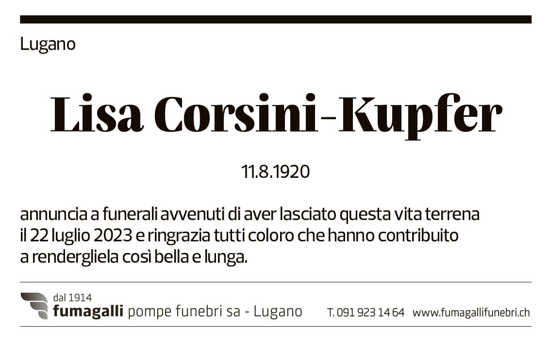 Annuncio funebre Lisa Corsini-kupfer