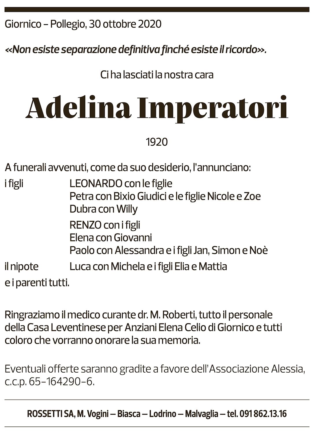 Annuncio funebre Adelina Imperatori