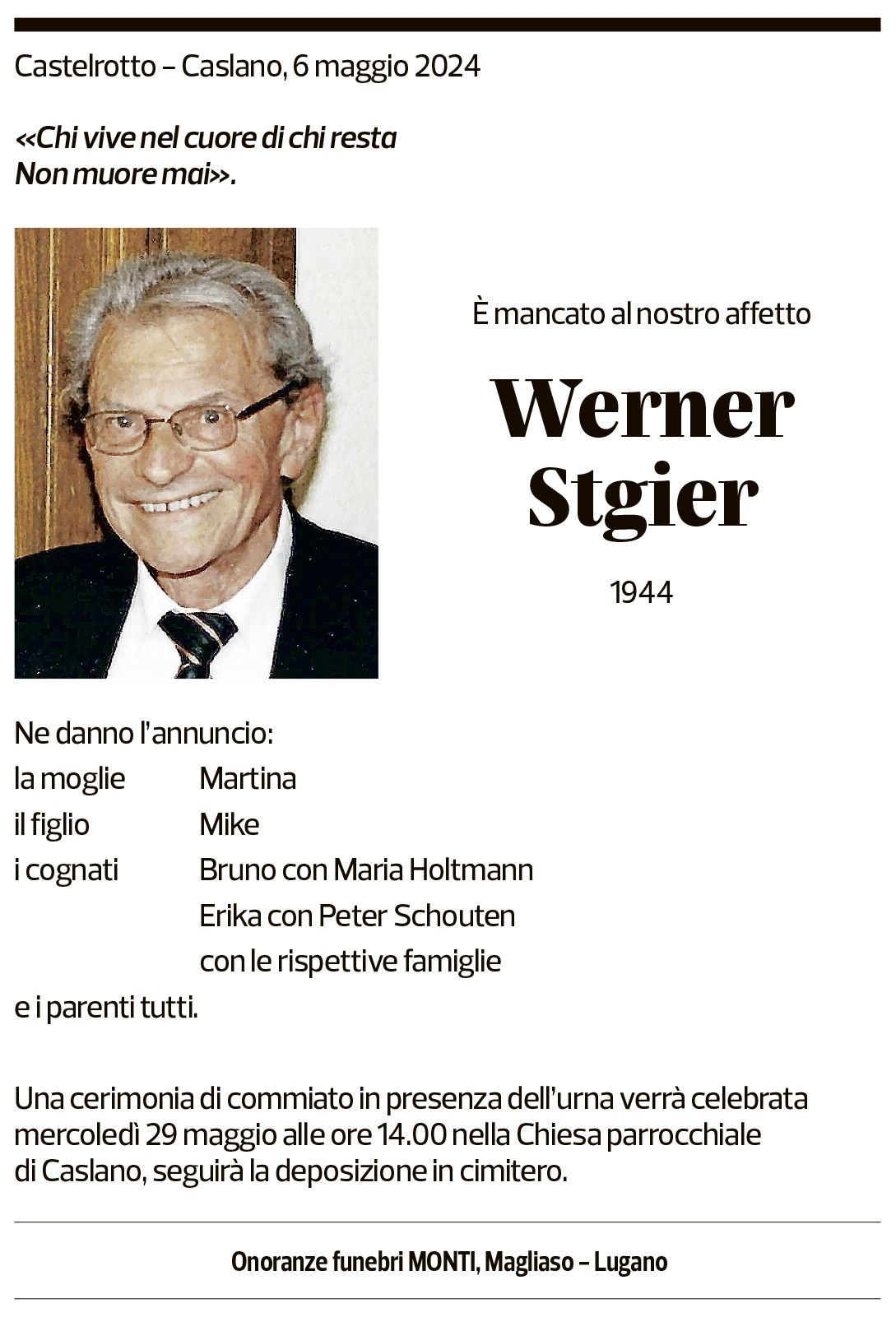 Annuncio funebre Werner Stgier