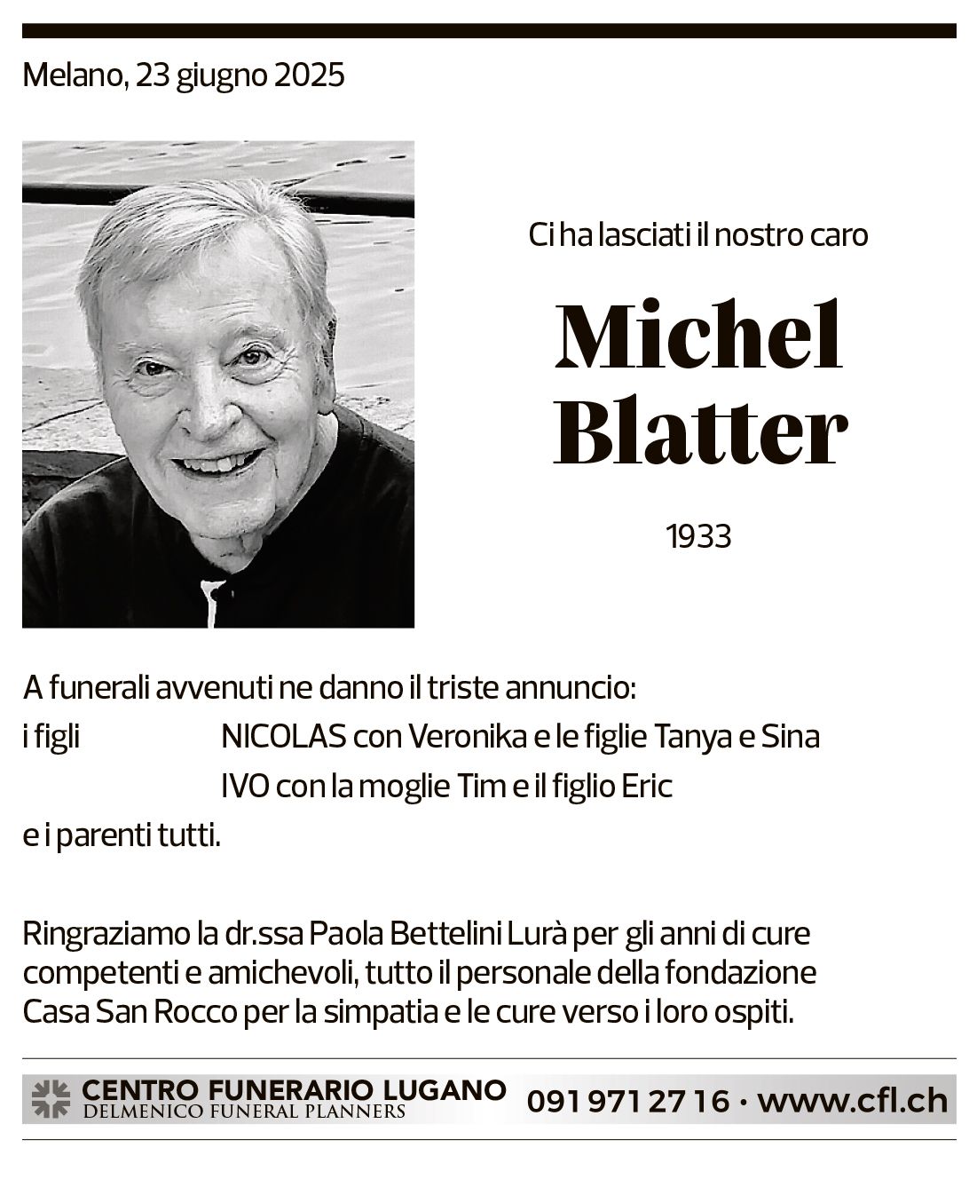 Annuncio funebre Michel Blatter