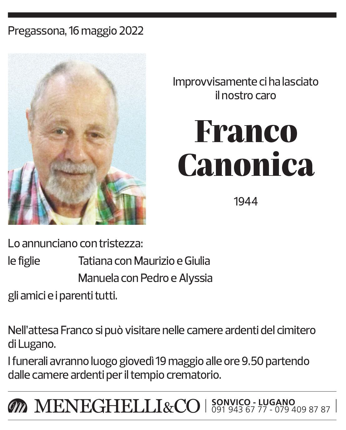 Annuncio funebre Franco Canonica