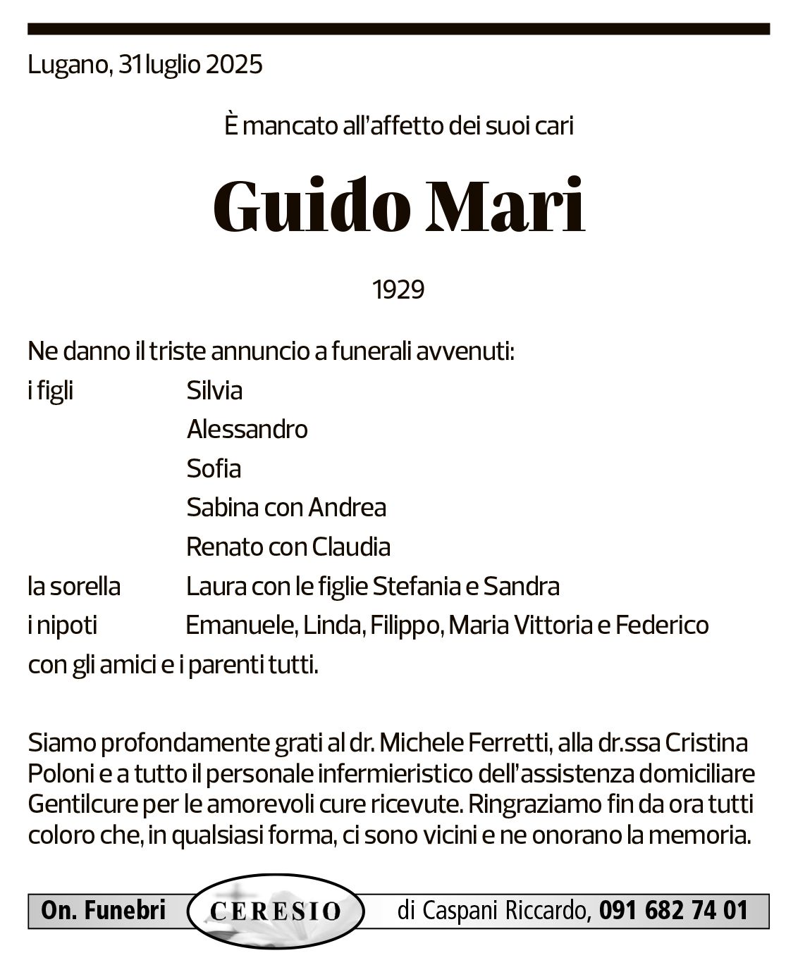 Annuncio funebre Guido Mari