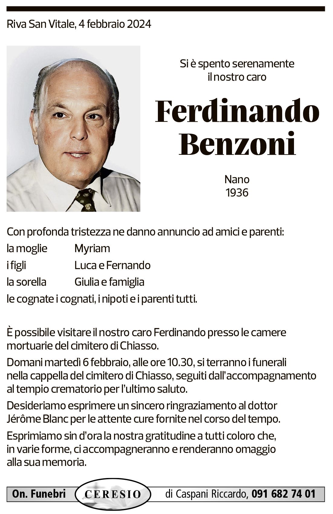 Annuncio funebre Ferdinando Benzoni