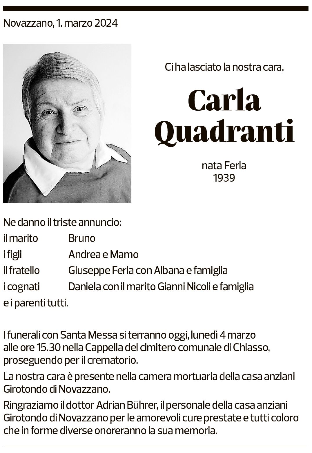Annuncio funebre Carla Quadranti