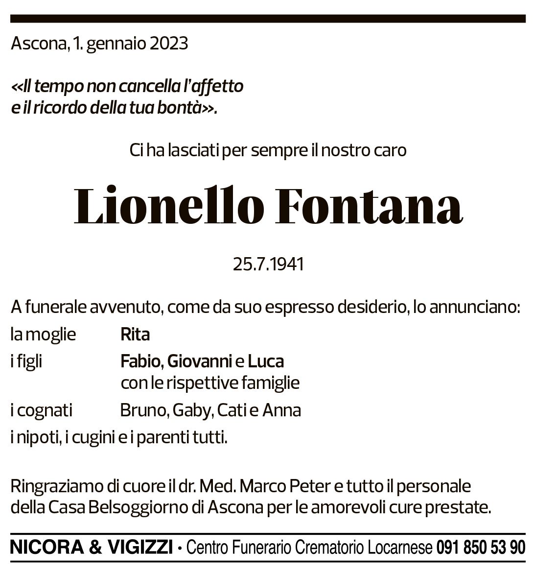 Annuncio funebre Lionello Fontana