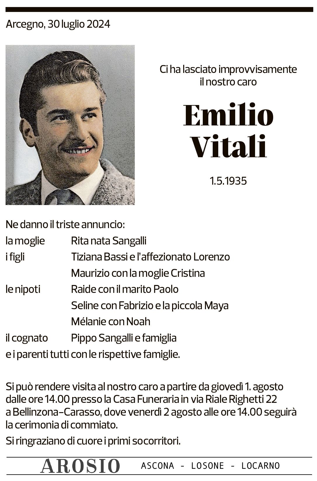 Annuncio funebre Emilio Vitali