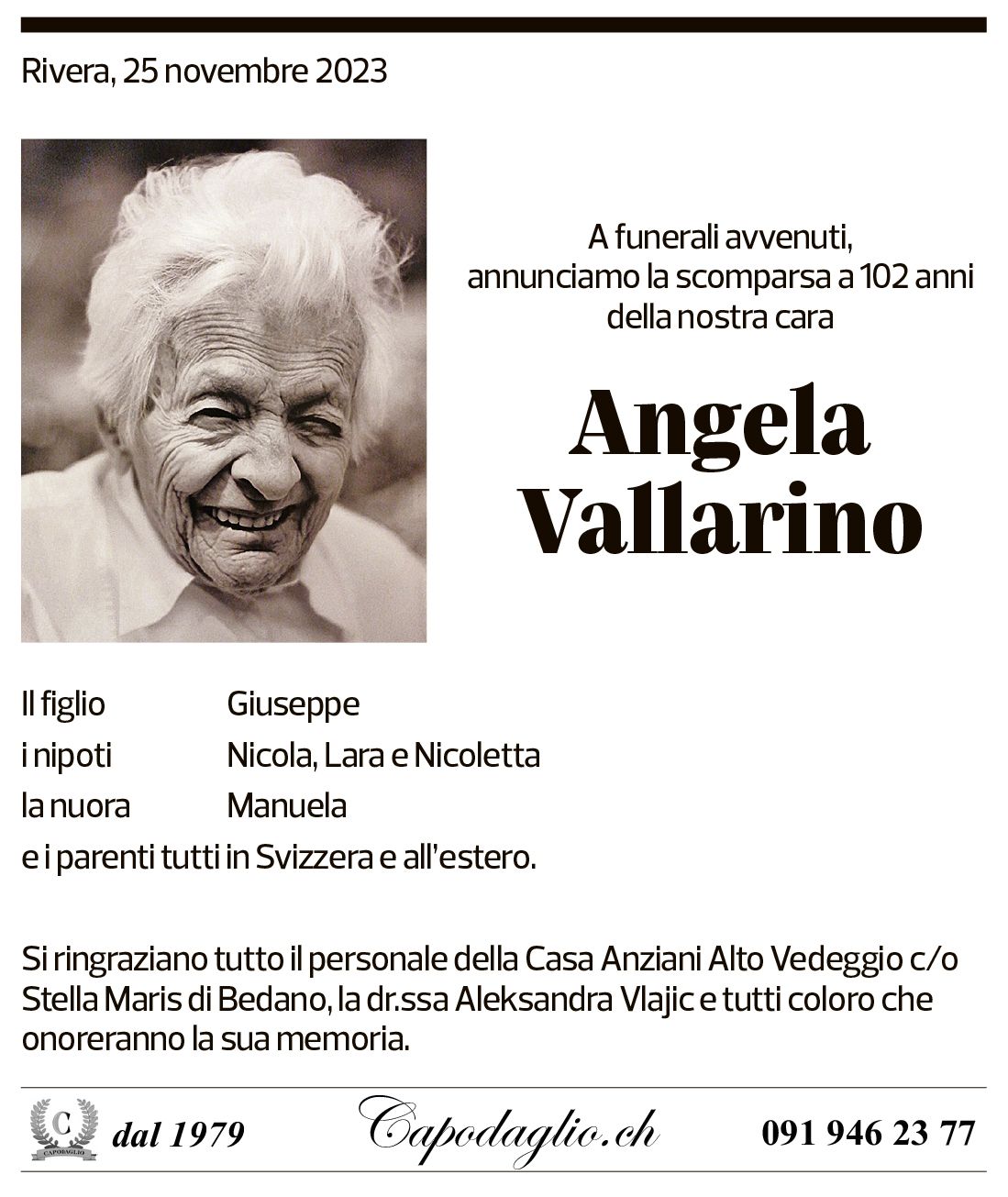 Annuncio funebre Angela Vallarino