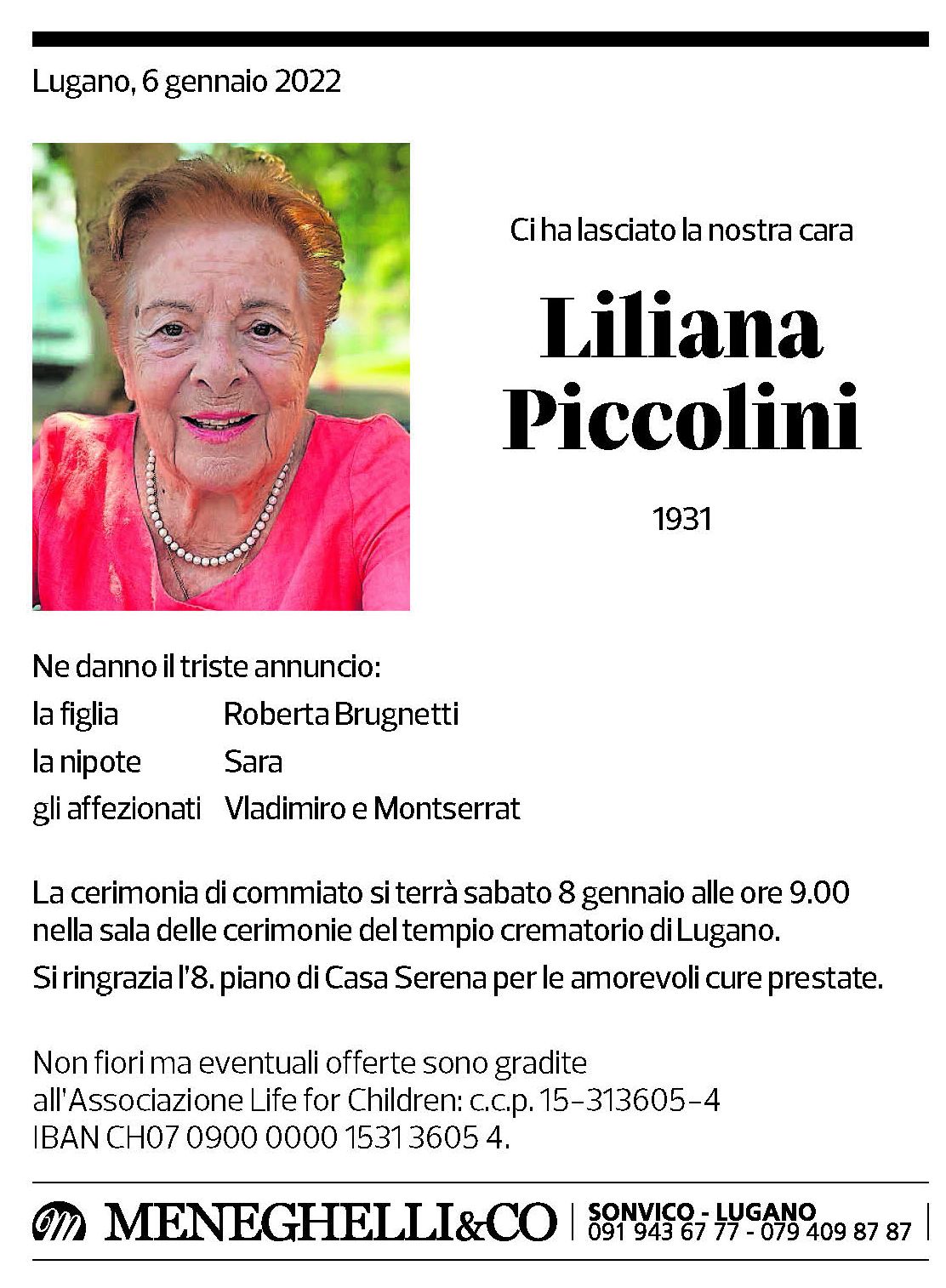 Annuncio funebre Liliana Piccolini