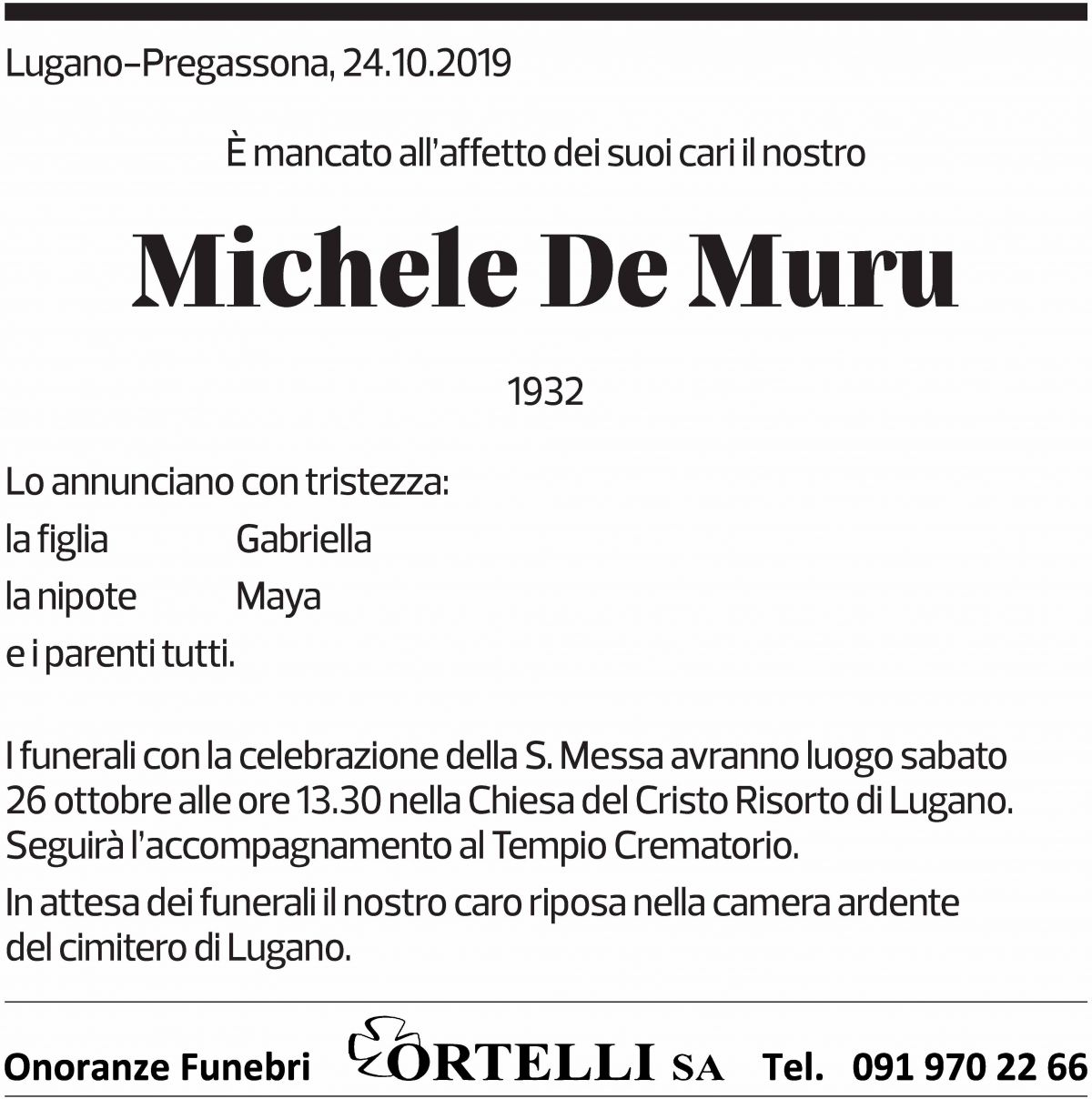Annuncio funebre Michele De Muru