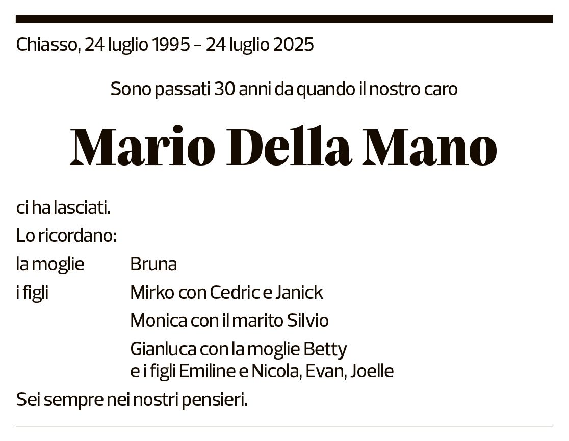 Annuncio funebre Mario Della Mano