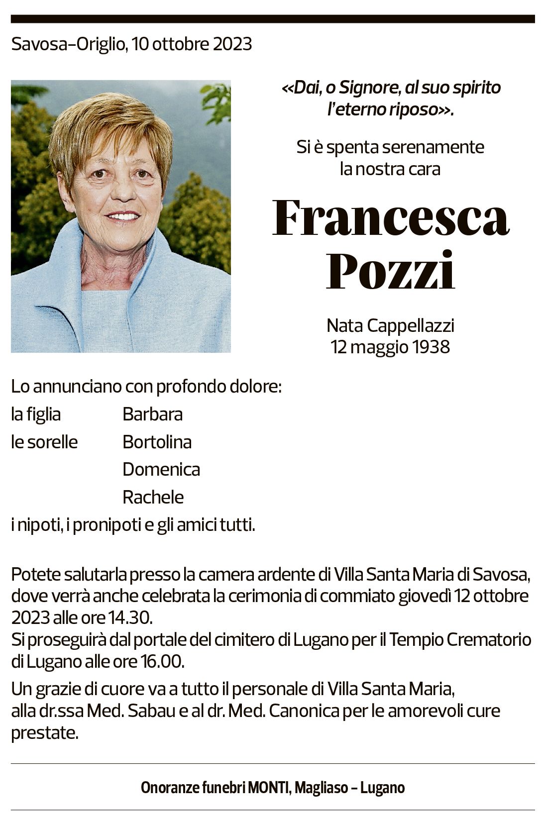 Annuncio funebre Francesca Pozzi