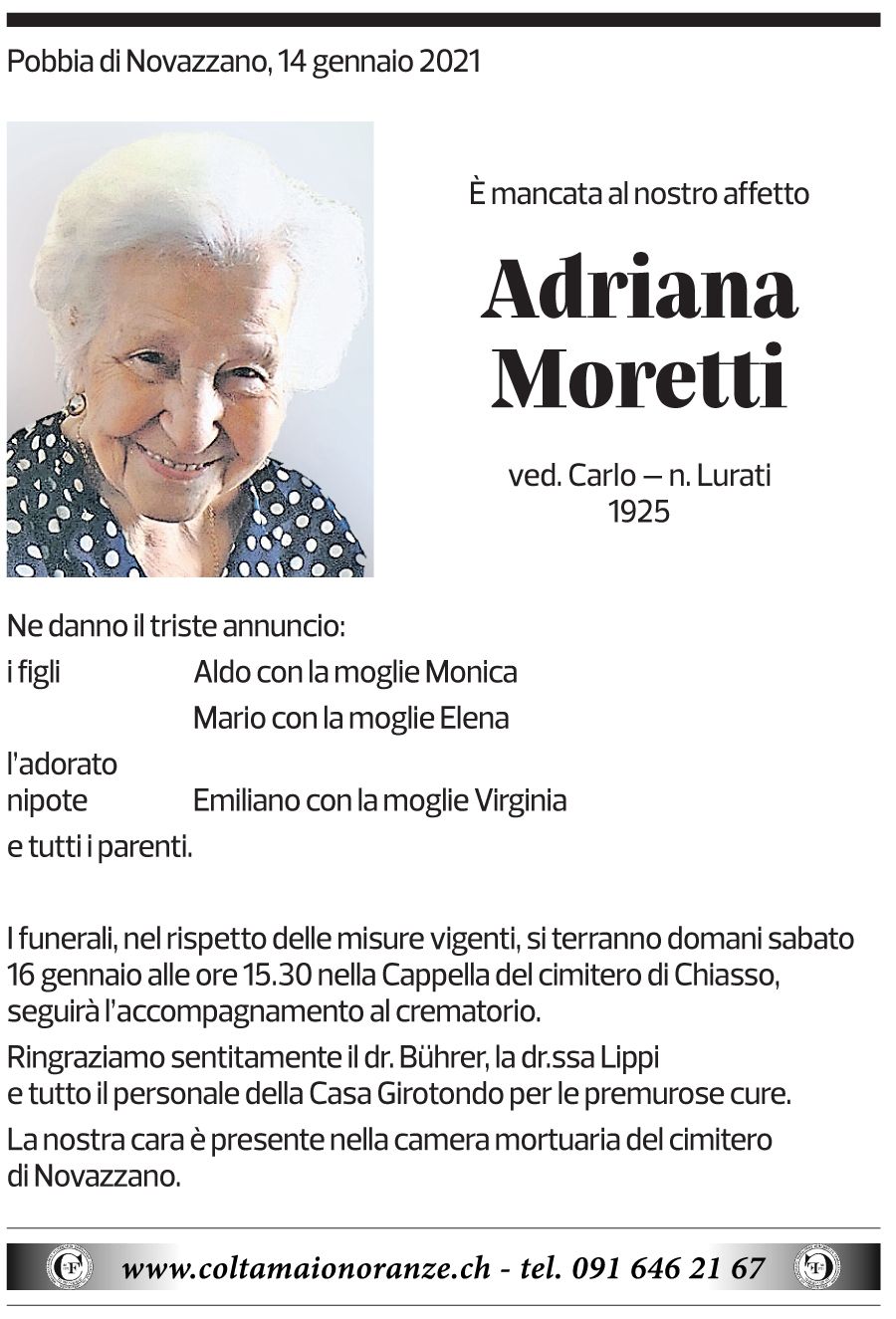 Annuncio funebre Adriana Moretti