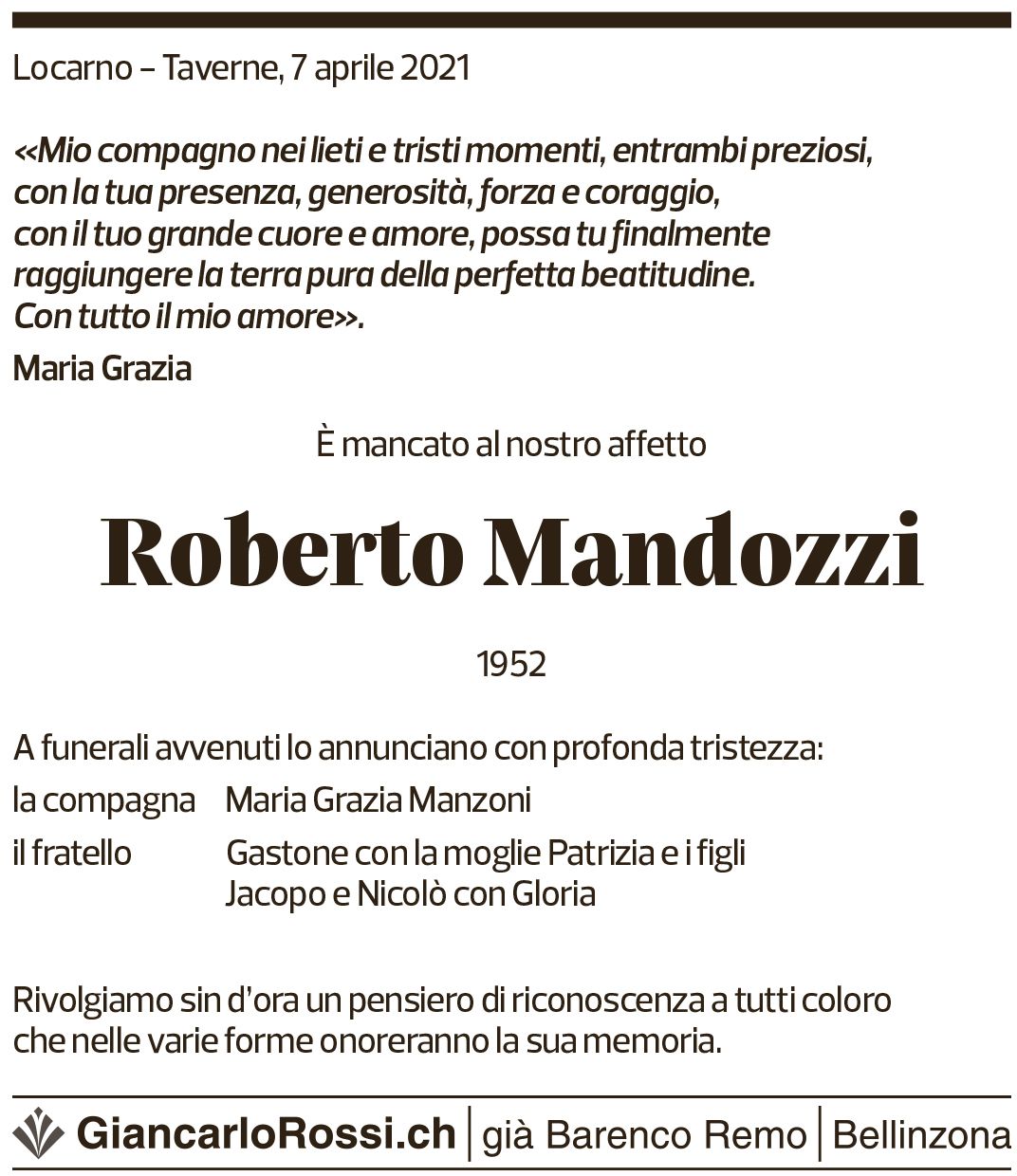 Annuncio funebre Roberto Mandozzi