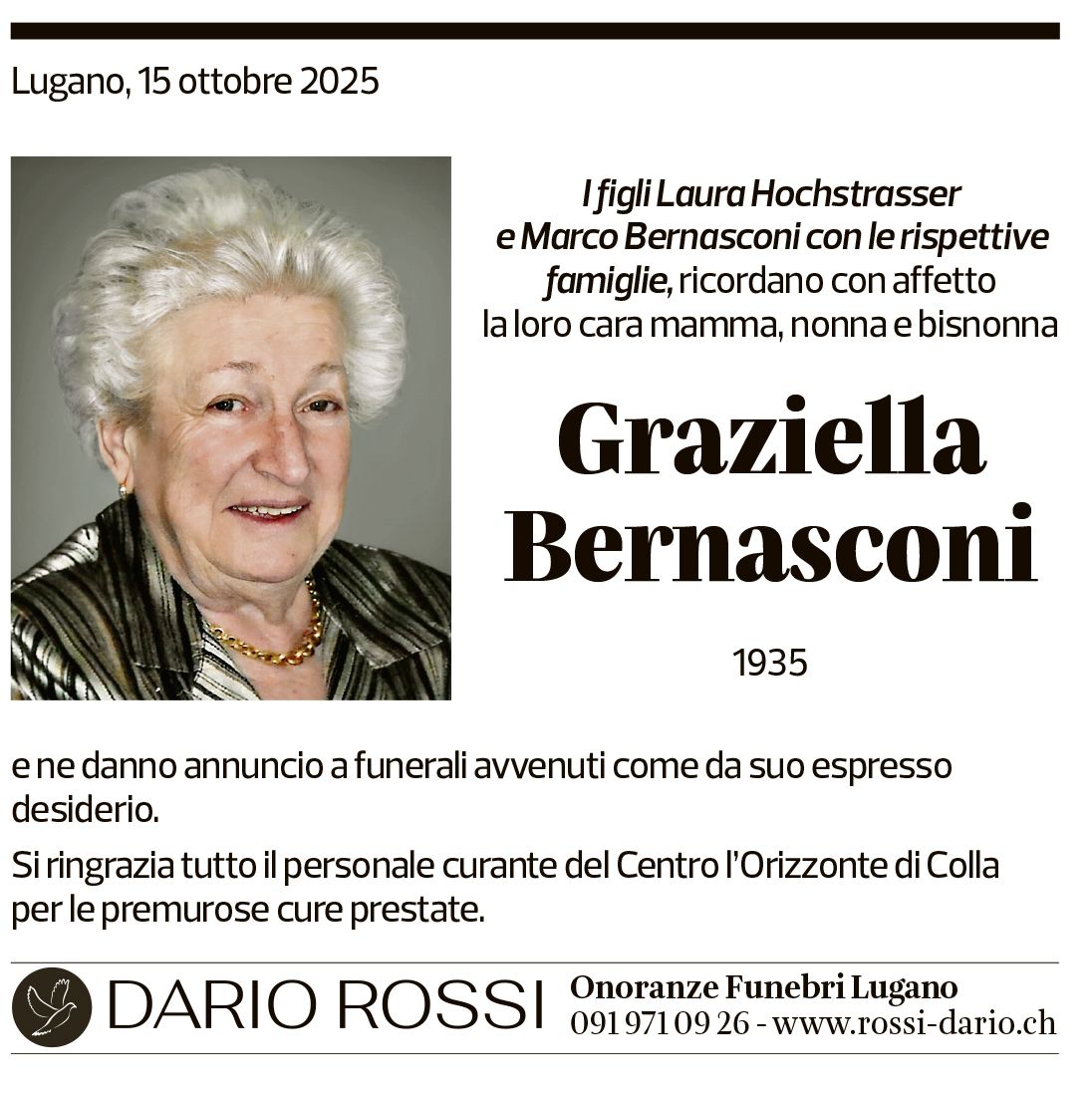 Annuncio funebre Graziella Bernasconi