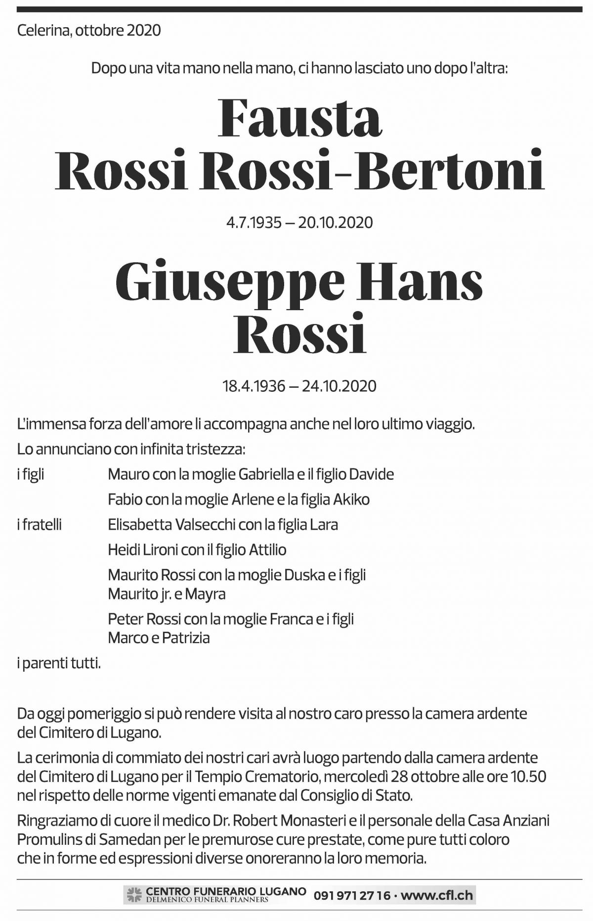 Annuncio funebre Fausta Rossi Rossi-bertoni Giuseppe Hans Rossi