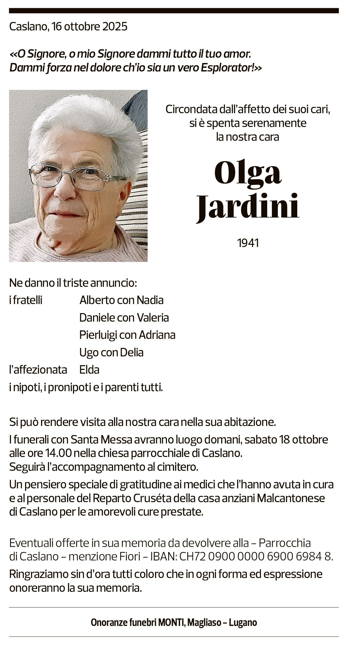 Annuncio funebre Olga Jardini