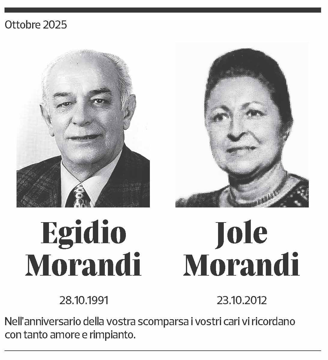 Annuncio funebre Egidio Morandi Jole Morandi