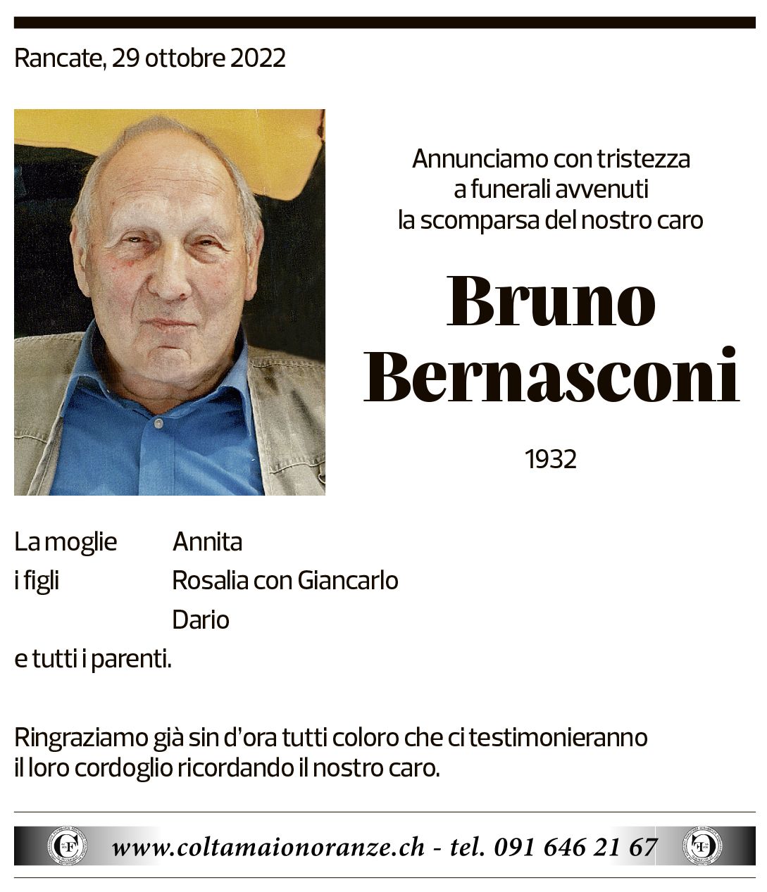 Annuncio funebre Bruno Bernasconi