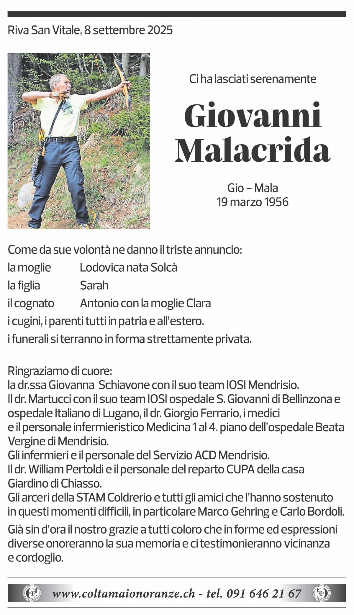 Annuncio funebre Giovanni Malacrida