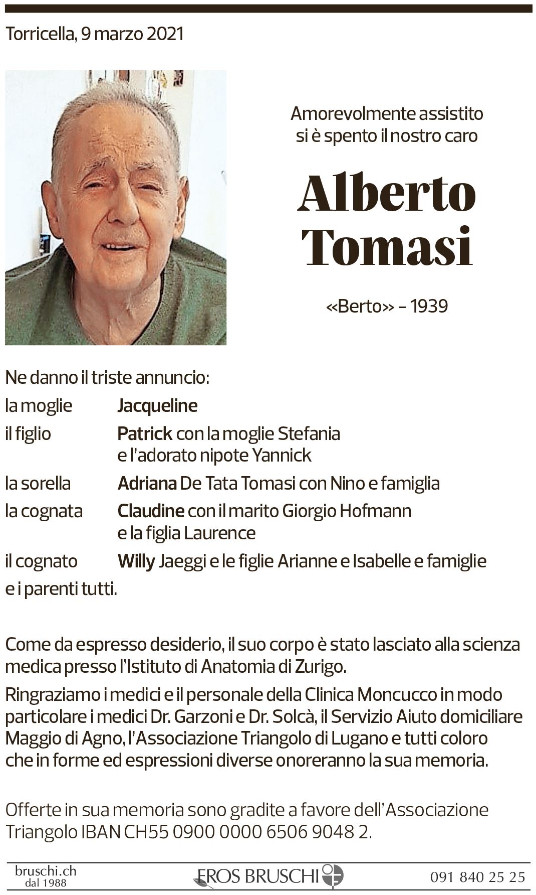 Annuncio funebre Alberto Tomasi