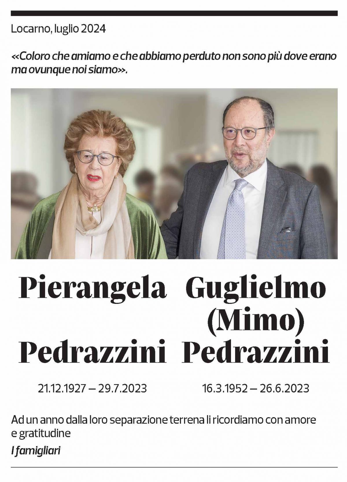 Annuncio funebre Pierangela Pedrazzini Guglielmo Pedrazzini