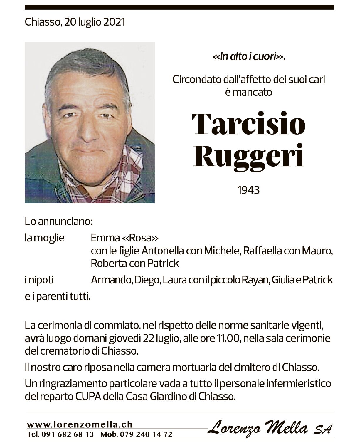 Annuncio funebre Tarcisio Ruggeri