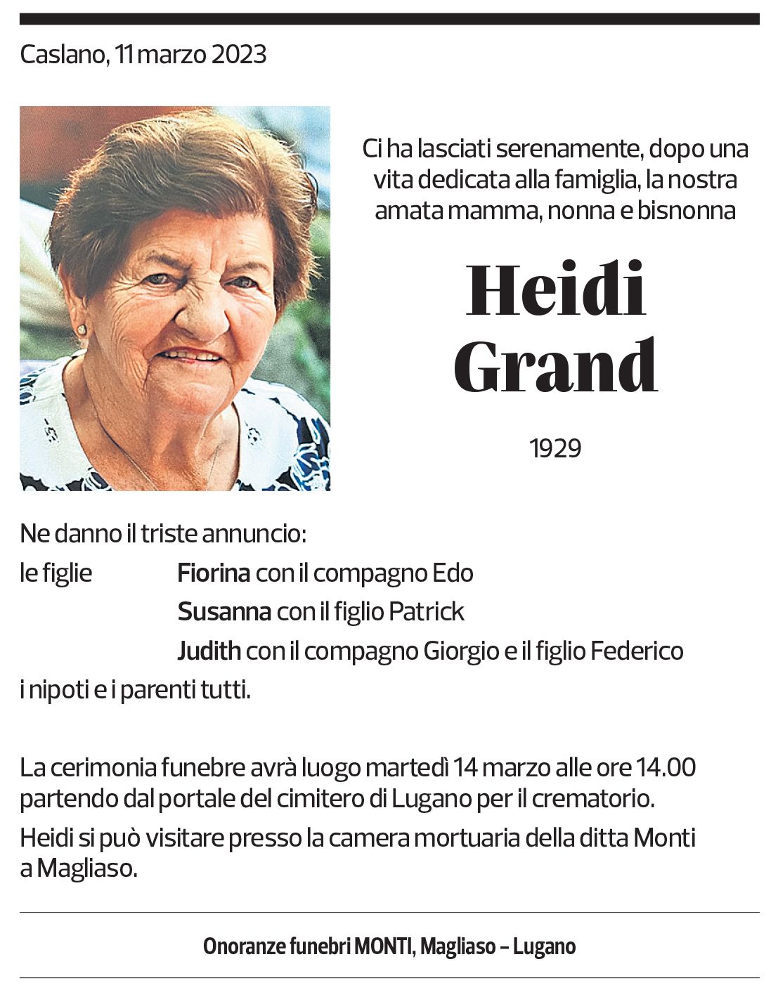 Annuncio funebre Heidi Grand